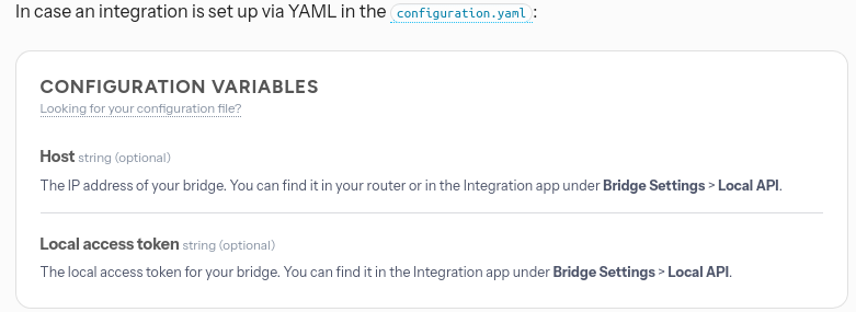 Screenshot showing a configuration variable block for YAML integrations